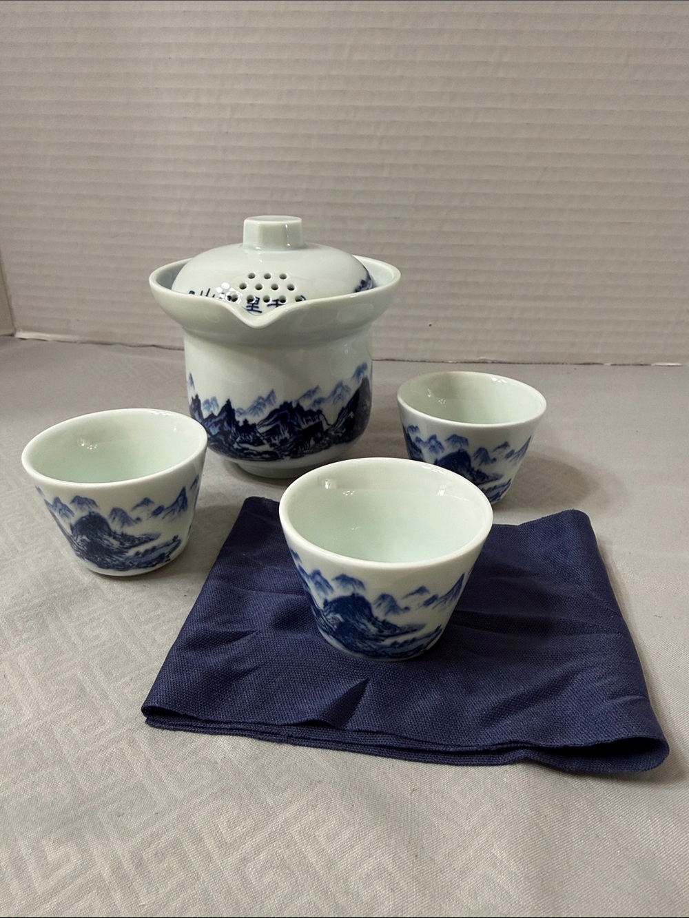 Blue and White Porcelain Chinese Landscape Travel Tea Set with Case & Towel 5 Pc